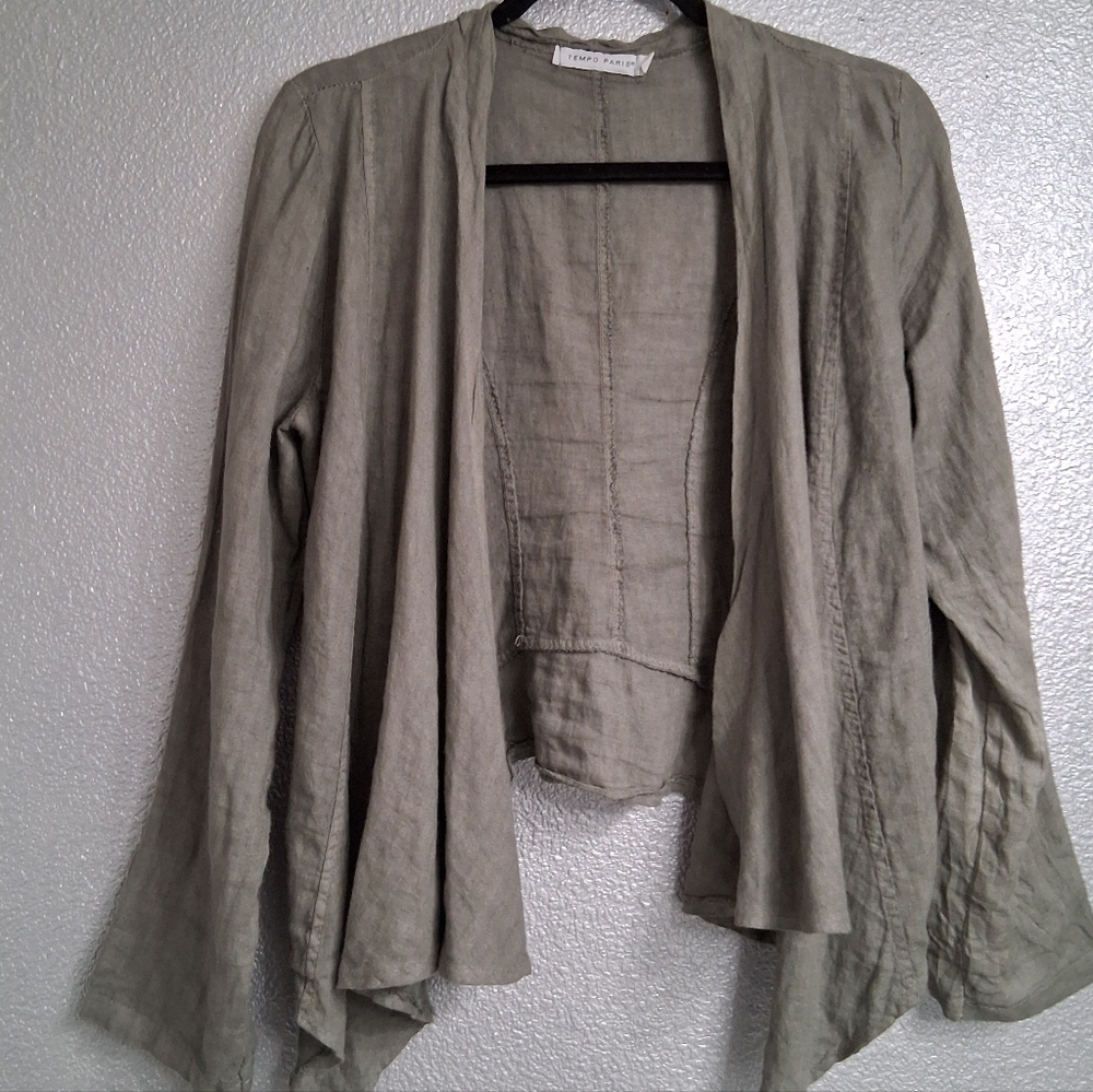 Tempo Paris Linen Olive Green Open Jacket Size M - Picture 6 of 10